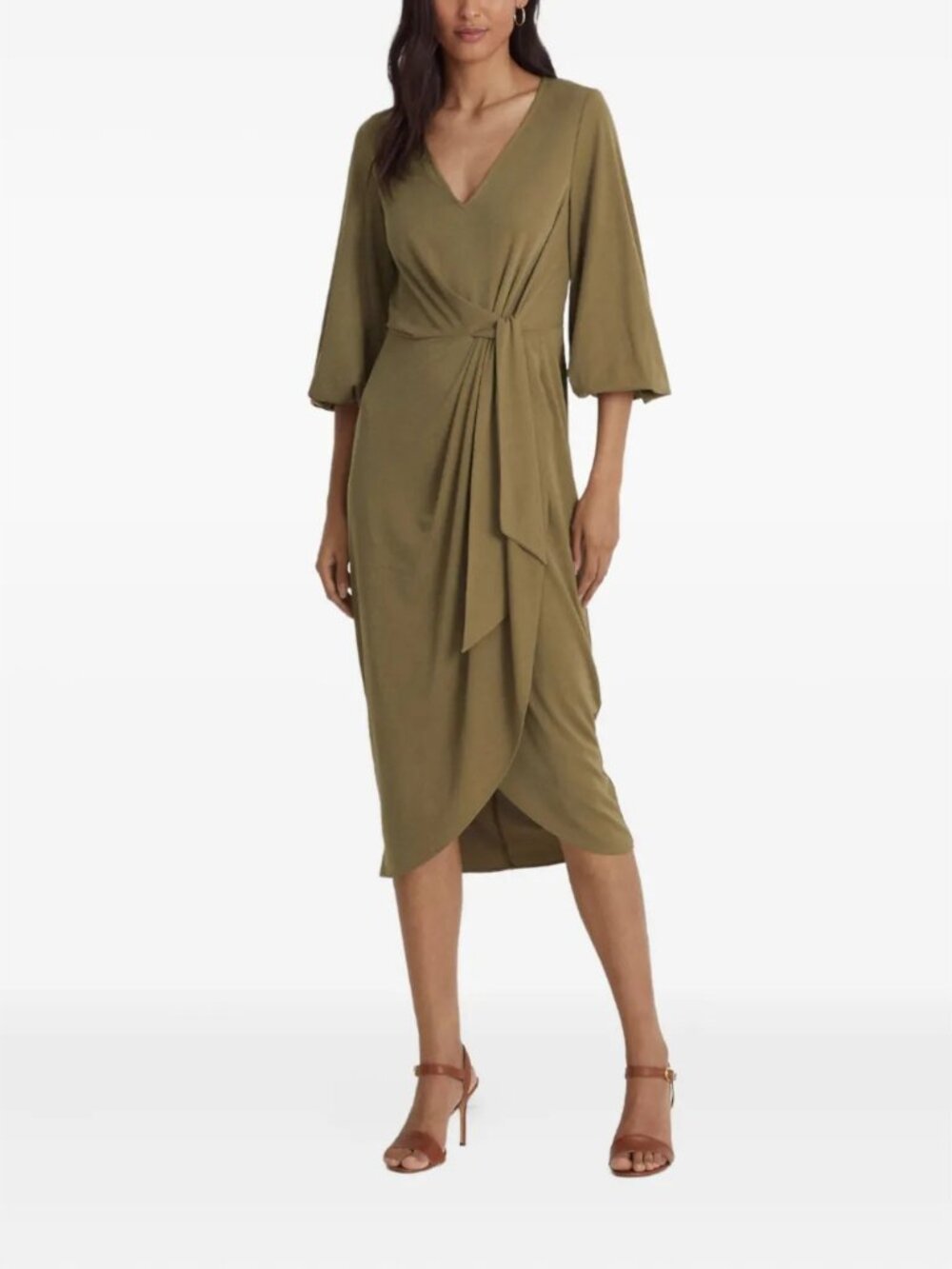 Lauren By Ralph Lauren Olive Stretch Jersey Tie Front Dress Midi NWT Size 16P